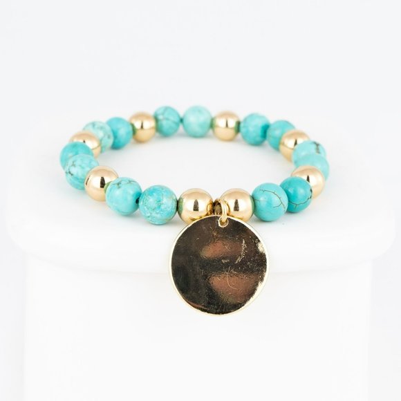 Nadine West Bracelet Stretch Dyed Howlite Turquoise Color Beaded Light Gold Tone - Picture 2 of 4